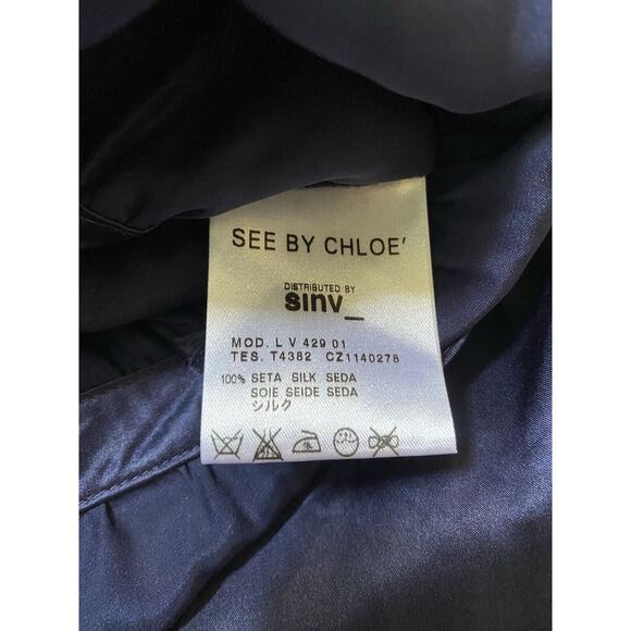 See By Chloe Silk Dress Satin Blue Navy V Neck Short Flutter Sleeve Eyel… - Picture 8 of 9